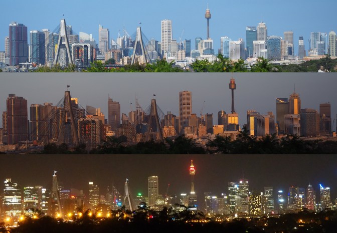 Sydney Skyline, day, dusk and night